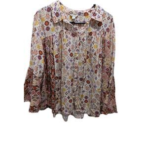 Cato Blouse Boho Peasant Shirt Women's * XL Ikat Bell Sleeve Top Geometric Tunic